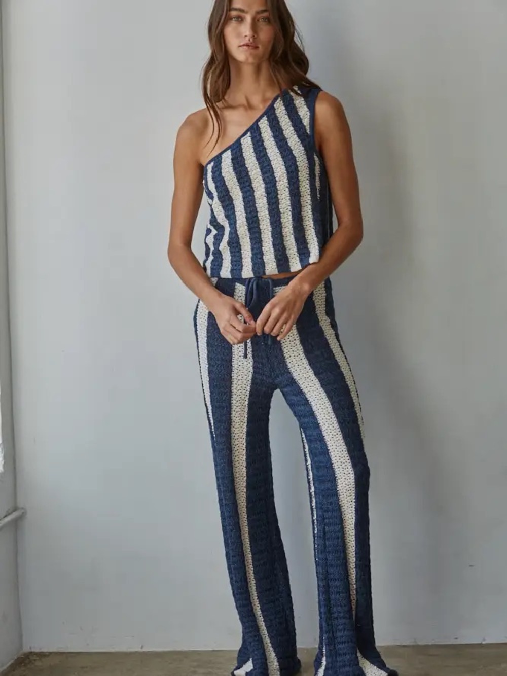 Free People Free-Est  Joan Fauxchet Set crochet  navy blue matching set pants